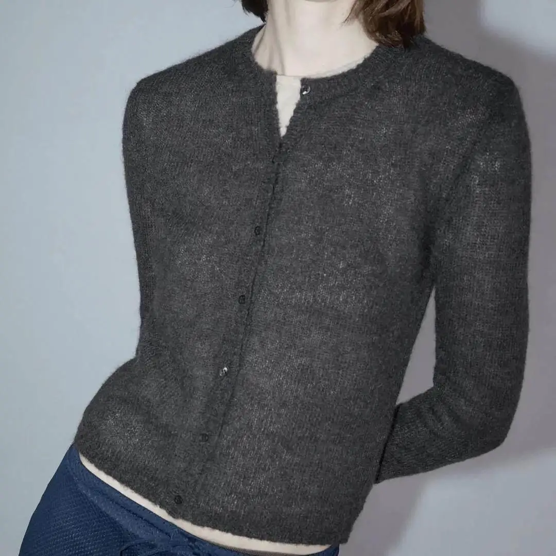 Pure Palomawool Thin Knitted Long Sleeve round Neck Cardigan Soft Comfortable Retro Style Women's Fashion Spring Season Knitwear