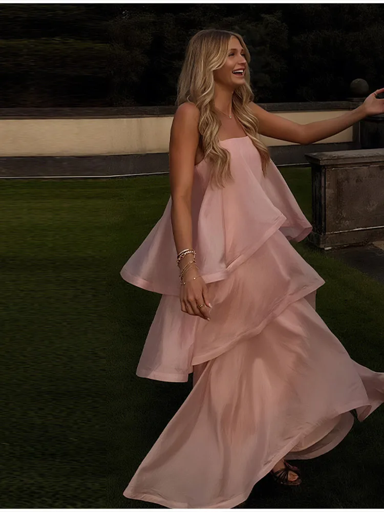 Chique doce rosa camada bainha halter vestido sem mangas uma linha festa maxi vestidos elegantes longos 2026 sólido commuter robes