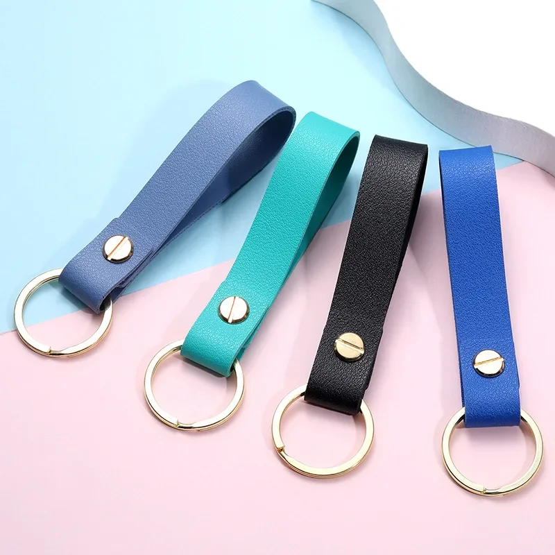8 Colors Gold-color Metal Round Keyring Bright Colorful PU Leather Key Chains for Men Fashion Waist Hanging Keyholder Wholesale