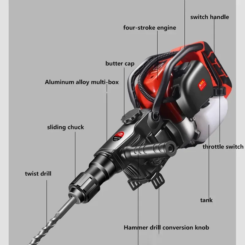 New Large Four-stroke Petrol Pickaxe Tree Digger Concrete Crushing Oil Hammer Digging Rock Honey Rock Drilling Electromechanical