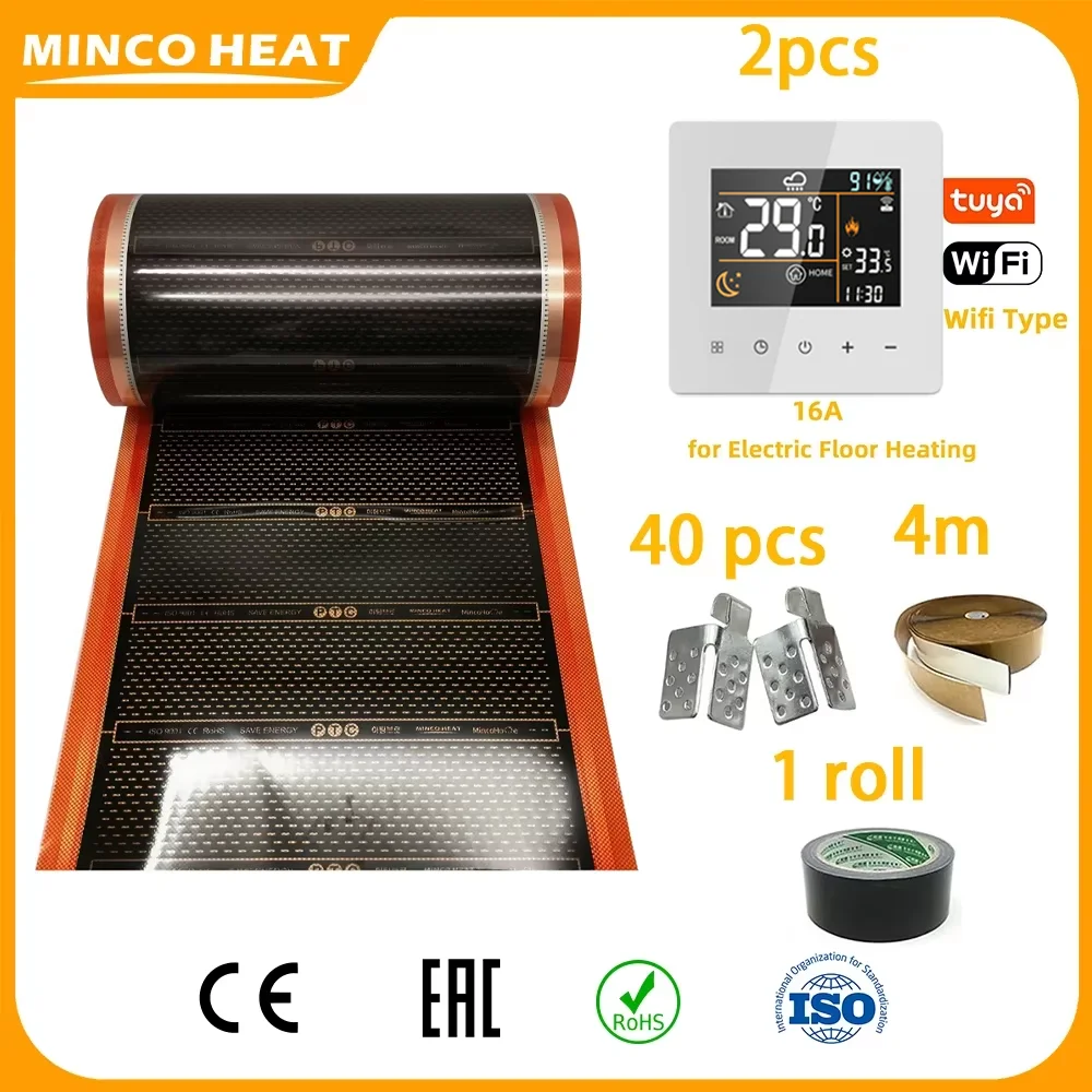 Minco Heat 150w/㎡ PTC Heating Film 50cm Width 20㎡ Underfloor Heating Film Kits with Floor Heating Thermostat