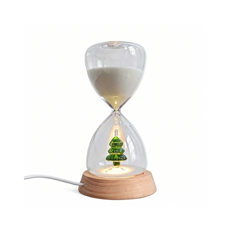 Christmas Tree Hourglasses 15 Minutes Sand Timer, Borosilicate Glass With Wooden LED Light Base, Decorative Tabletop Accent 87HA