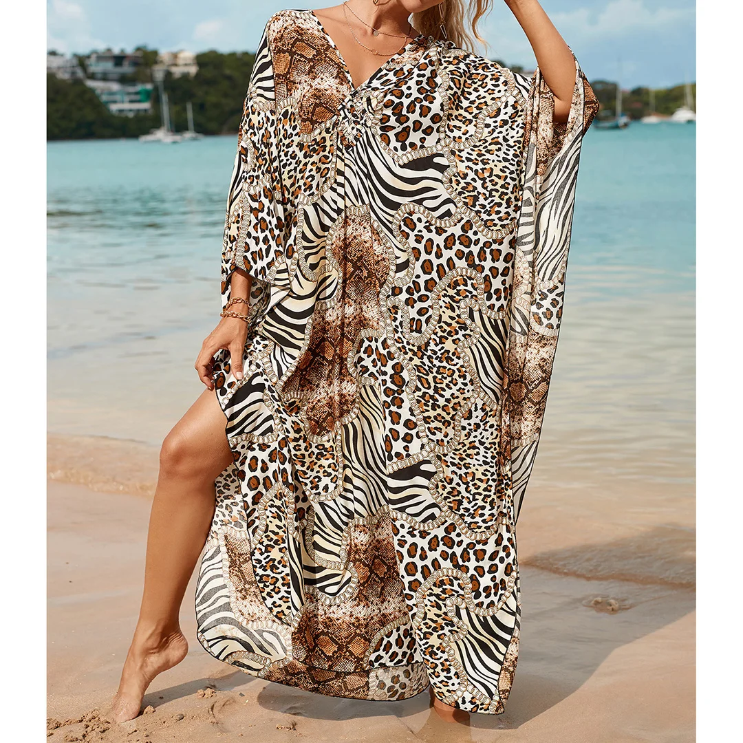 Sexy Tunika mit Zebra-Muster und V-Ausschnitt, Strandkleid, Strandmode, langes Strandkleid für Damen, V4159 – Detail 31