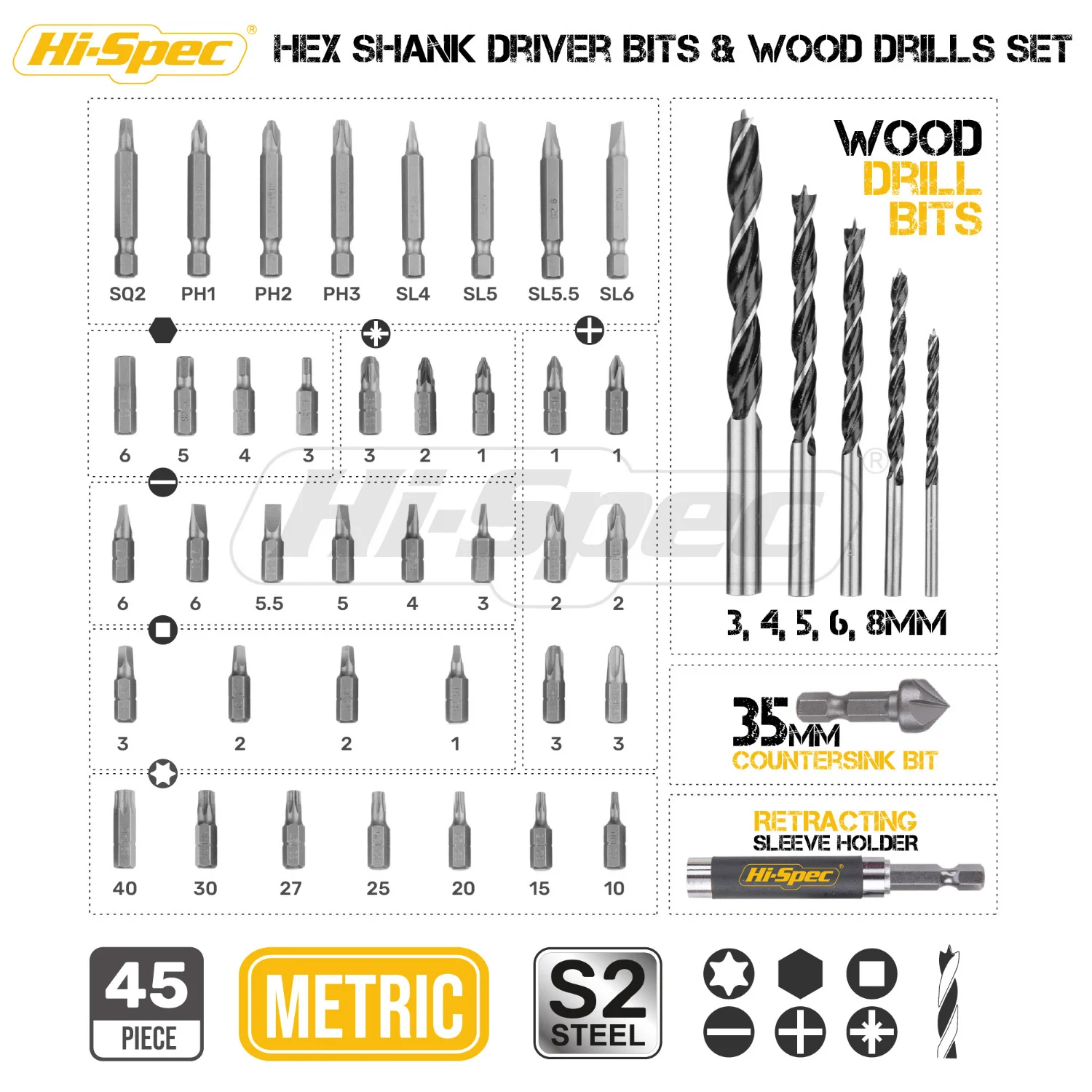 Hi-Spec Wood Drill & Driver Multi Bit Set Titanium Coated Twist Drill Straight Shank Woodworking Tool Sets S2 Steel Screwdriver