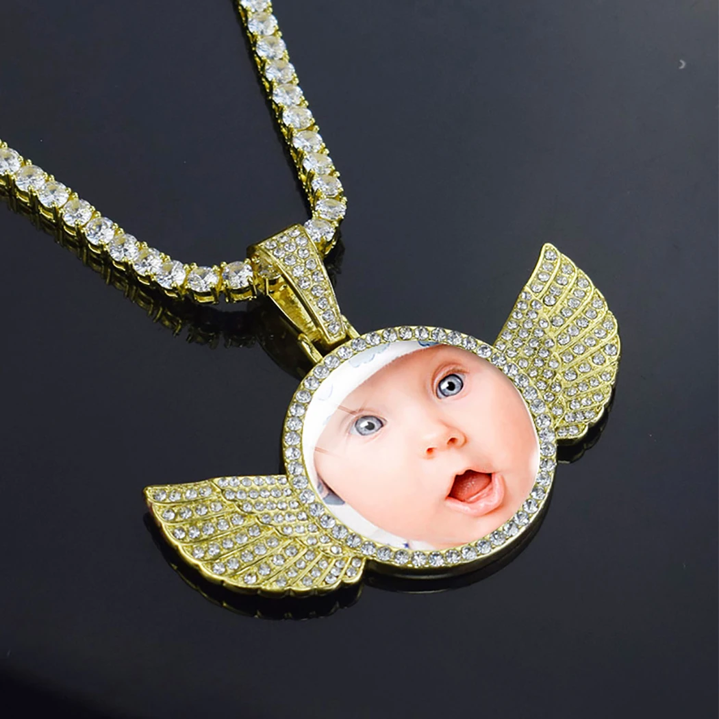 

Custom Photo Memory Rhinestone Pendant Necklace Personalized Picture Cubic Zircon Chain Necklace Wings Jewelry