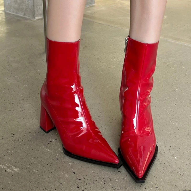 

Fashion Street Style Patent Leather Women Ankle Boots Pointed Toe Square Heel Sexy Zipper Pumps Ladies Winter Shoes