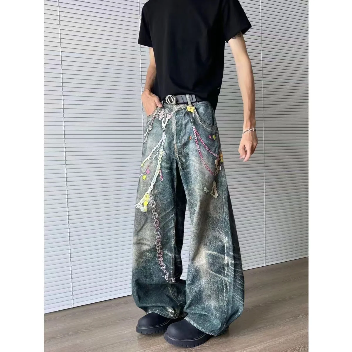 Vintage Y2K Gothic Baggy Jeans Haftowane spodnie dżinsowe z szerokimi nogawkami Streetwear Aesthetic Trousers dla mężczyzn