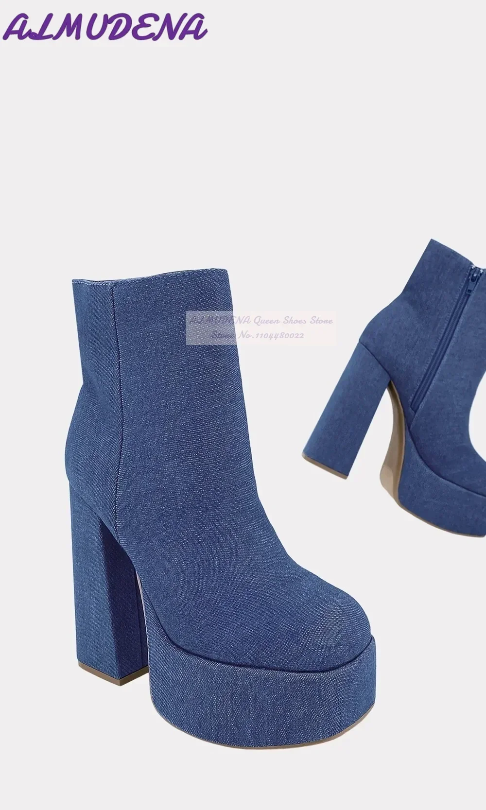 ALMUDENA Stivaletti con tacco largo in denim blu Jeans con plateau alto Stivaletti corti con cerniera Scarpe eleganti con tacco grosso irregolare Dropship