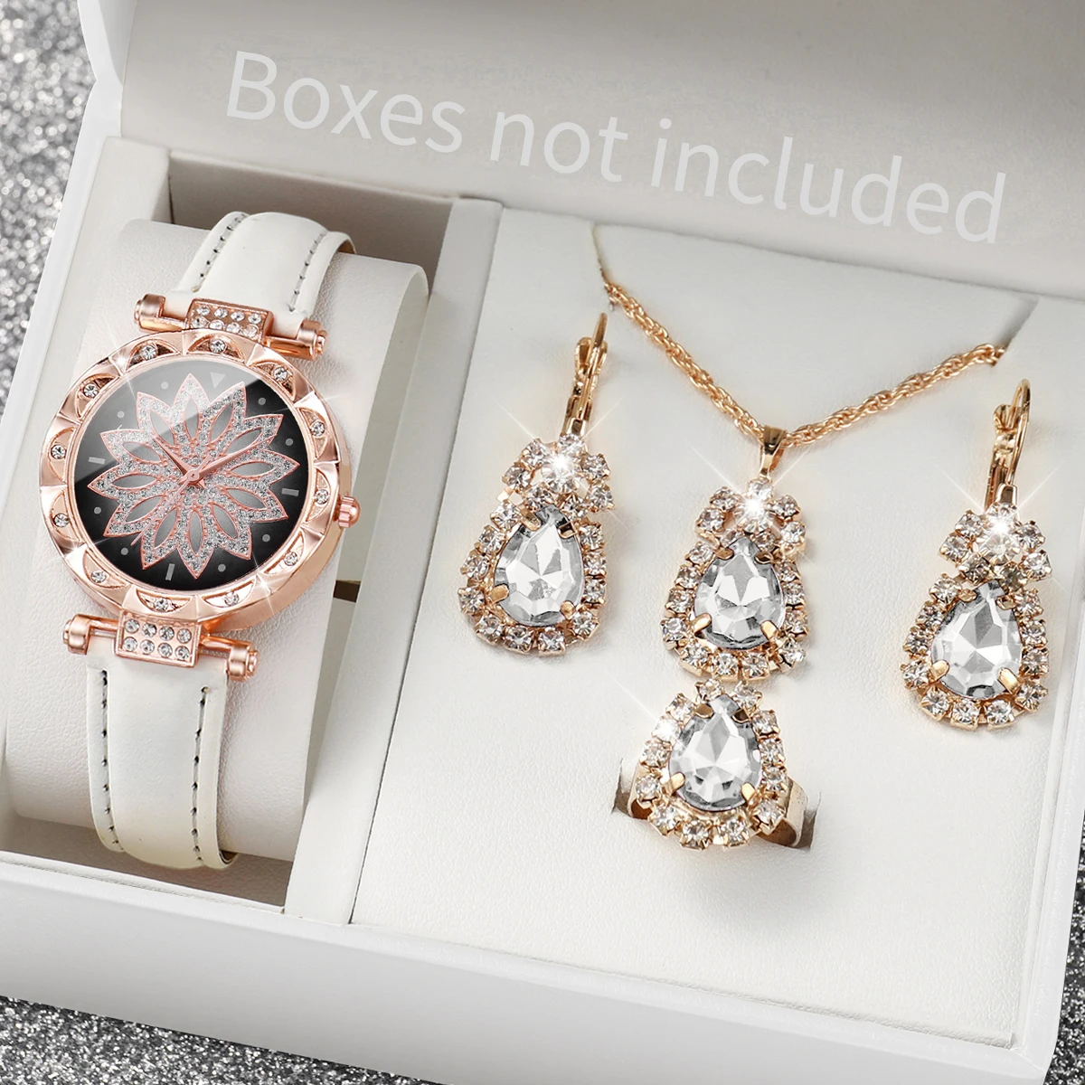 5Pcs/set Fashion Women\'s Watch Flower Dial Quartz Watches Leather Band Wristwatches Rhinestone Jewelry Set（Without Box）