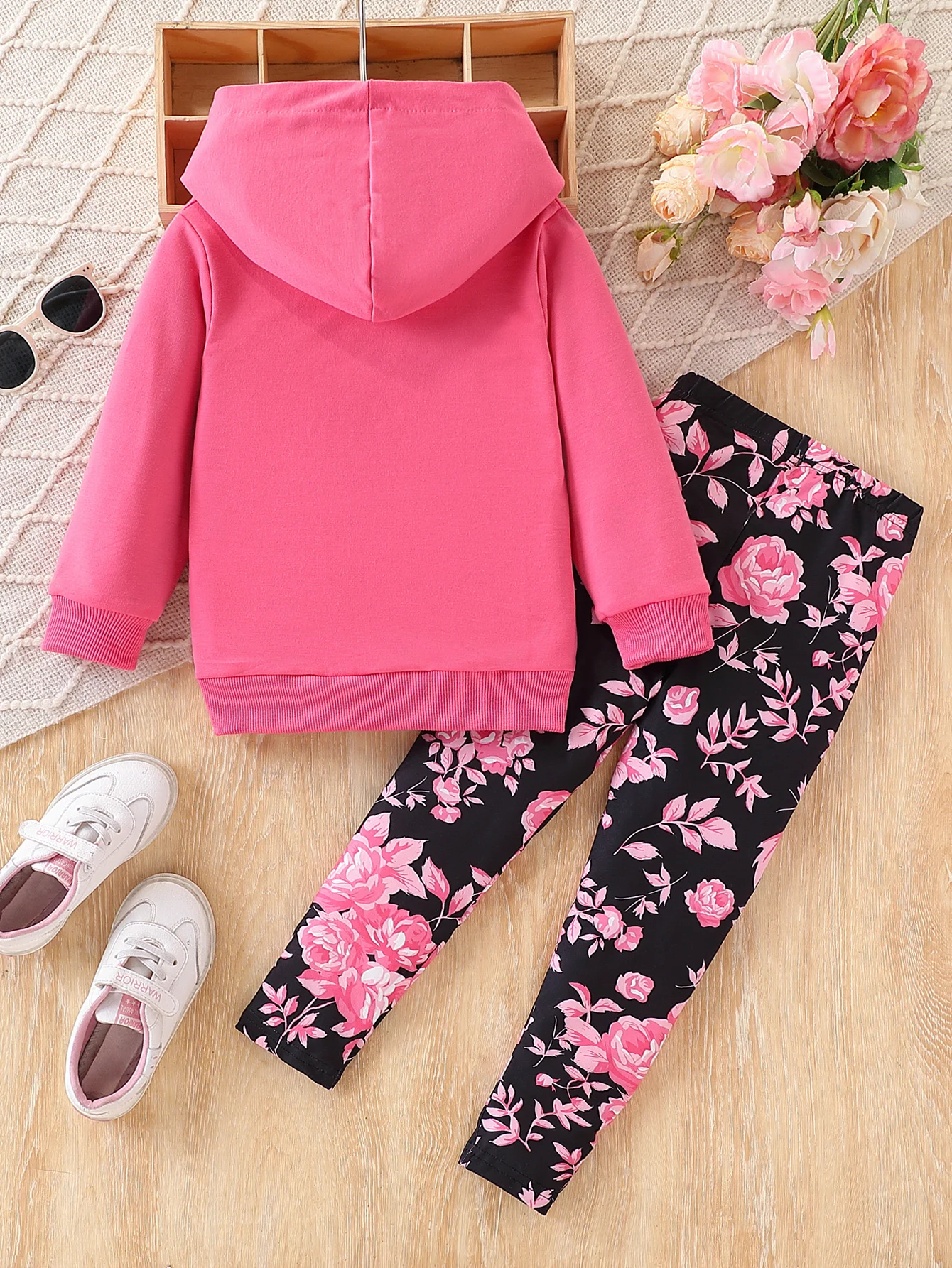 طقم مكون من قطعتين للفتيات، ملابس الربيع والخريف، بلوفر بغطاء للرأس أنيق مزين بالزهور + طقم سراويل طويلة، ملابس رياضية خارجية للفتيات الصغيرات للربيع والخريف #2