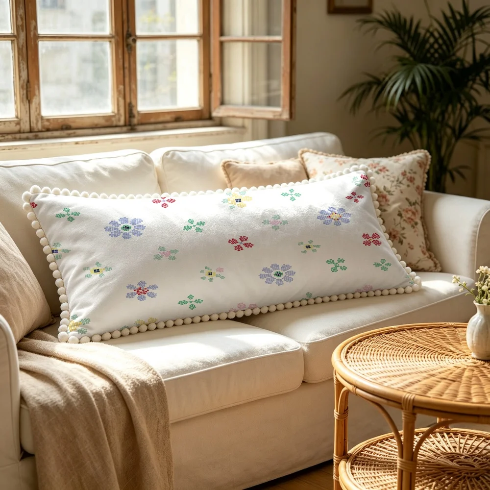 1PC White Background with Colorful Cross Stitch Flowers, Vintage Embroidery Whimsical Floral Long Pillow Cover with Pom Pom Tr
