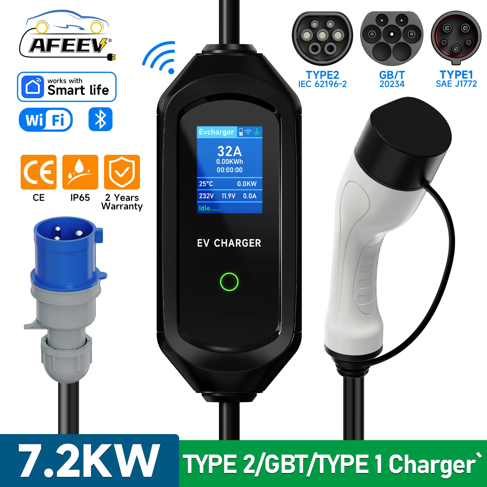 AFEEV 3,5/7 kW tragbares EV-Ladegerät Typ2 IEC62196-2 Elektroauto-Ladegerät 16 A EVSE Schnellladekabel WiFi APP Bluetooth-Steuerung