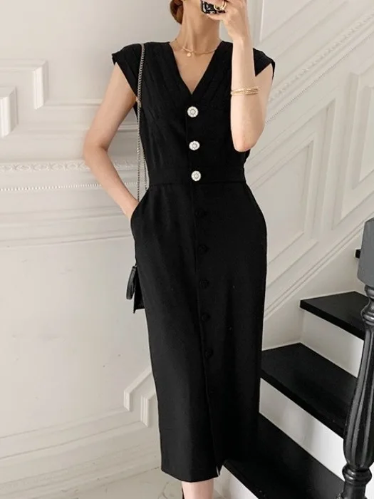 Ele Chic Vintage Single-Button V-Ne Plissee Svel Dr Damen Hohe Taille A-Linie Lang Dr Pendeln Sle