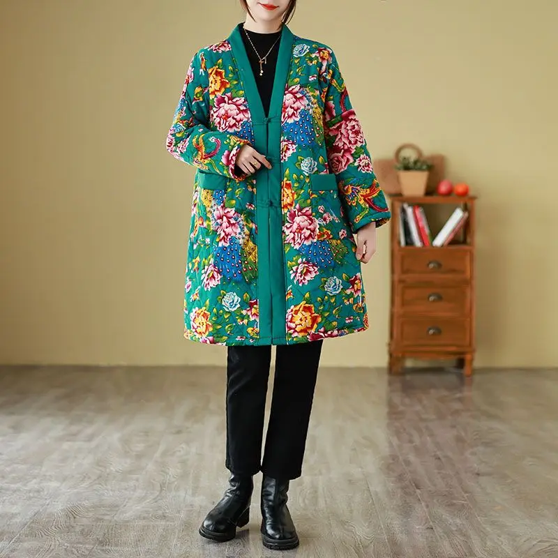 Women's Clothing Ethnic Style Printed Fleece Lining Warm Mid-length Cotton Coat Button Fastening Cotton Jacket Comfortable Warm