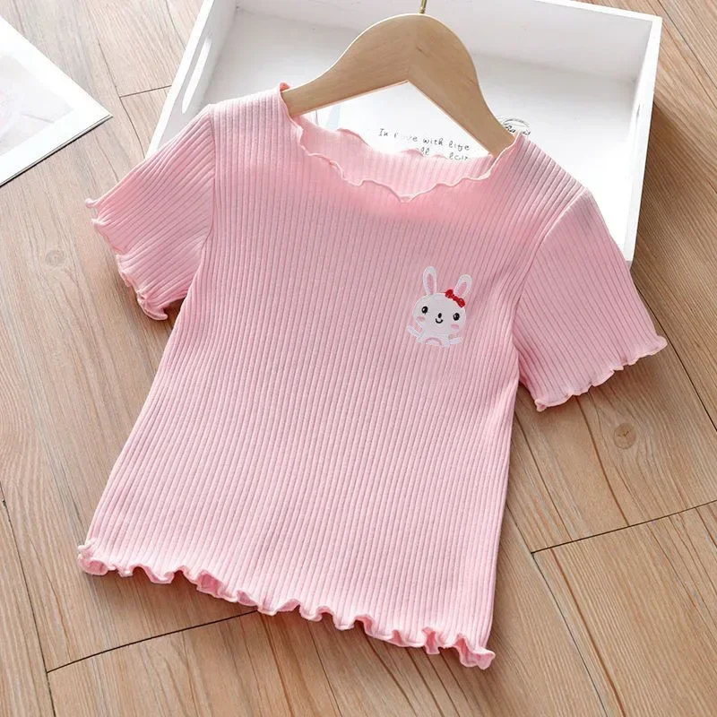 Girls Embroidered Short Sleeve T-Shirt Ice Silk Summer Top with Ruffle Trim Stretchy Soft for Toddler Baby 1-6 Years image 3