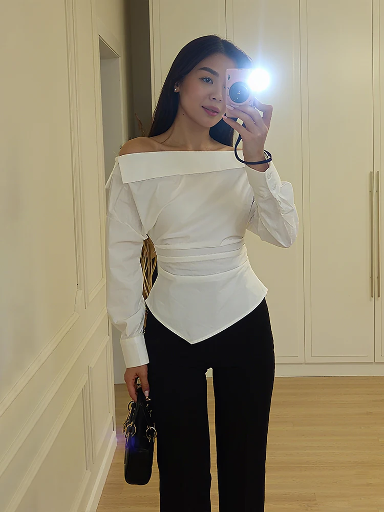 

Weird Puss Basic Slash Neck T-Shirt Women Classic Full Sleeve Button Irregular Hem Ruched Skinny Simple Daily Fashion Solid Tees