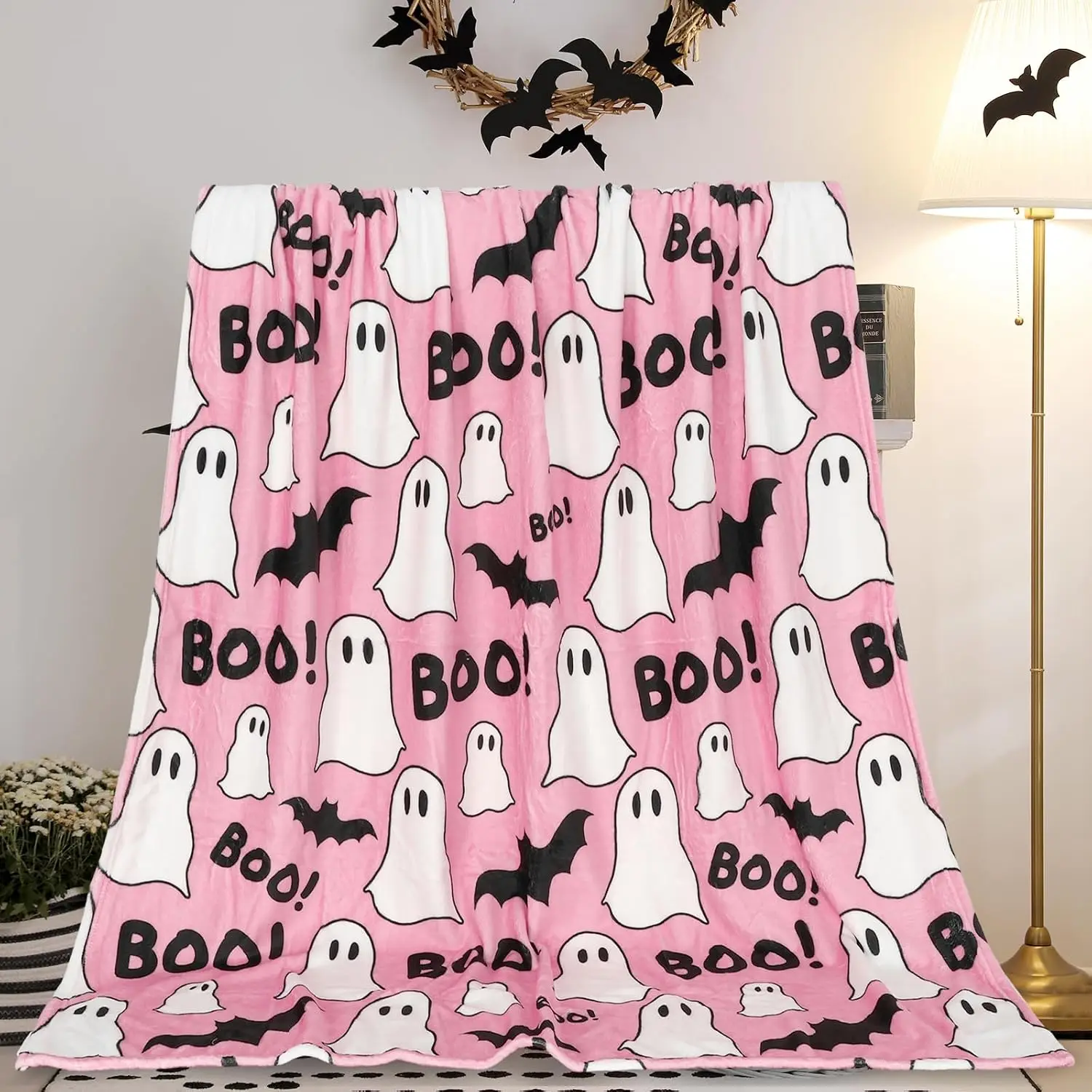 JarThenaAMCS Halloween Fuzzy Blanket Boo Ghost Bat Throw Blanket Pink Soft Cozy Flannel Blankets for Home Bed Sofa Couch Chair, 50 x 60 Inch