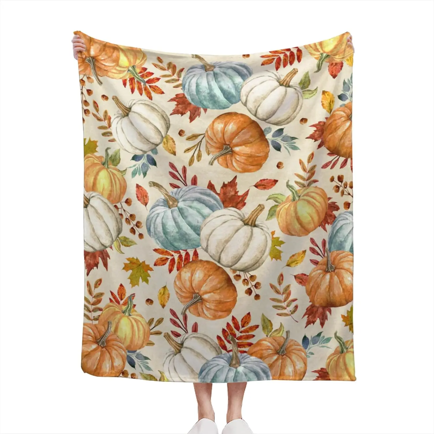 Fall Pumpkin Blanket Soft Flannel Lightweight Orange White Blue Pumpkins Maple Leaves Throw Blanket Cozy Warm Thanksgiving Farmhouse Home Party Decor On Living Room Sofa Couch 40x50 inch