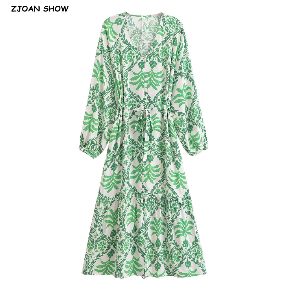 2024 BOHO Green Leaves Flower Bow Sashes Long Straight Shirt Dress Women Ruffles Hem Single-breasted Buttons Midi Robe Holiday