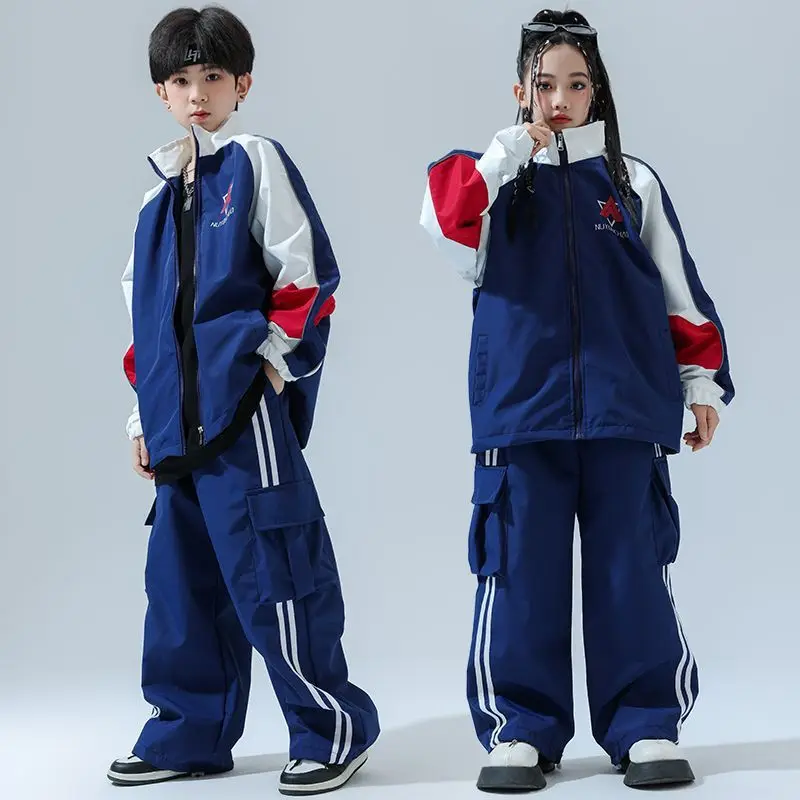 4-14 Kid Cool Hip Hop Clothing Navy Blue Zip Windbreaker Jacket Coat Top Casual Wide Pants Girl Boy Jazz Dance Costume Clothes