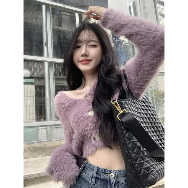 Fluffy Cropped Cardigan Faux Mink Knitted Cardigan Streetwear V-neck Purple Soft Sweater Women Long Sleeve Tops Trend Short Coat