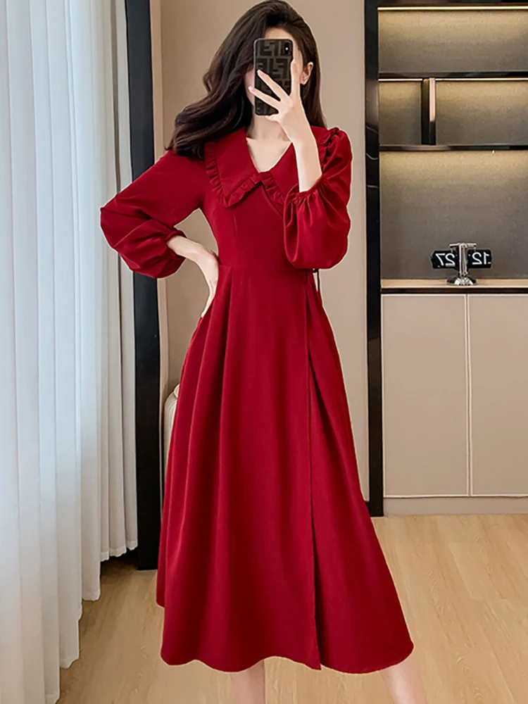 가을 겨울 레드 긴 소매 러플 달러 칼라 롱 드레스 여성 빈티지 럭셔리 이브닝 드레스 2025 한국 우아한 프로모션 드레스