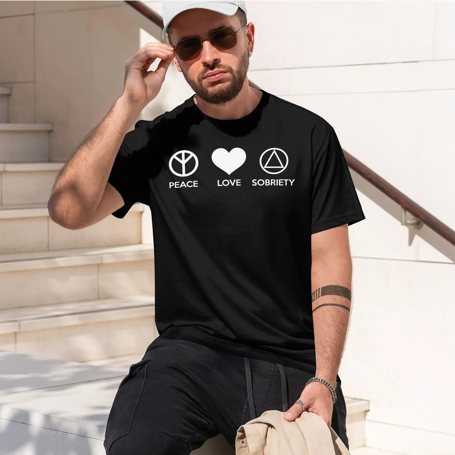 PEACE LOVE SOBRIETY 2026 new fashion heavyweight hot selling retro printed pattern fun round neck T-shirt for daily comfort