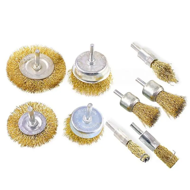 AT63-Wire Brush Wheel 9Pcs Set Cup Coarse Crimped Shank For Drill Attachments Electric For Drill