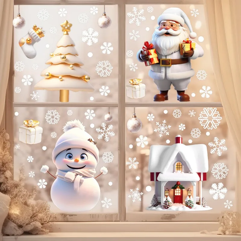 1/4pcs Christmas Decor Window Sticker Reusable Snowflake Snowman Static Decals Glass Wall Door Sticker New Year Xmas Home Decor