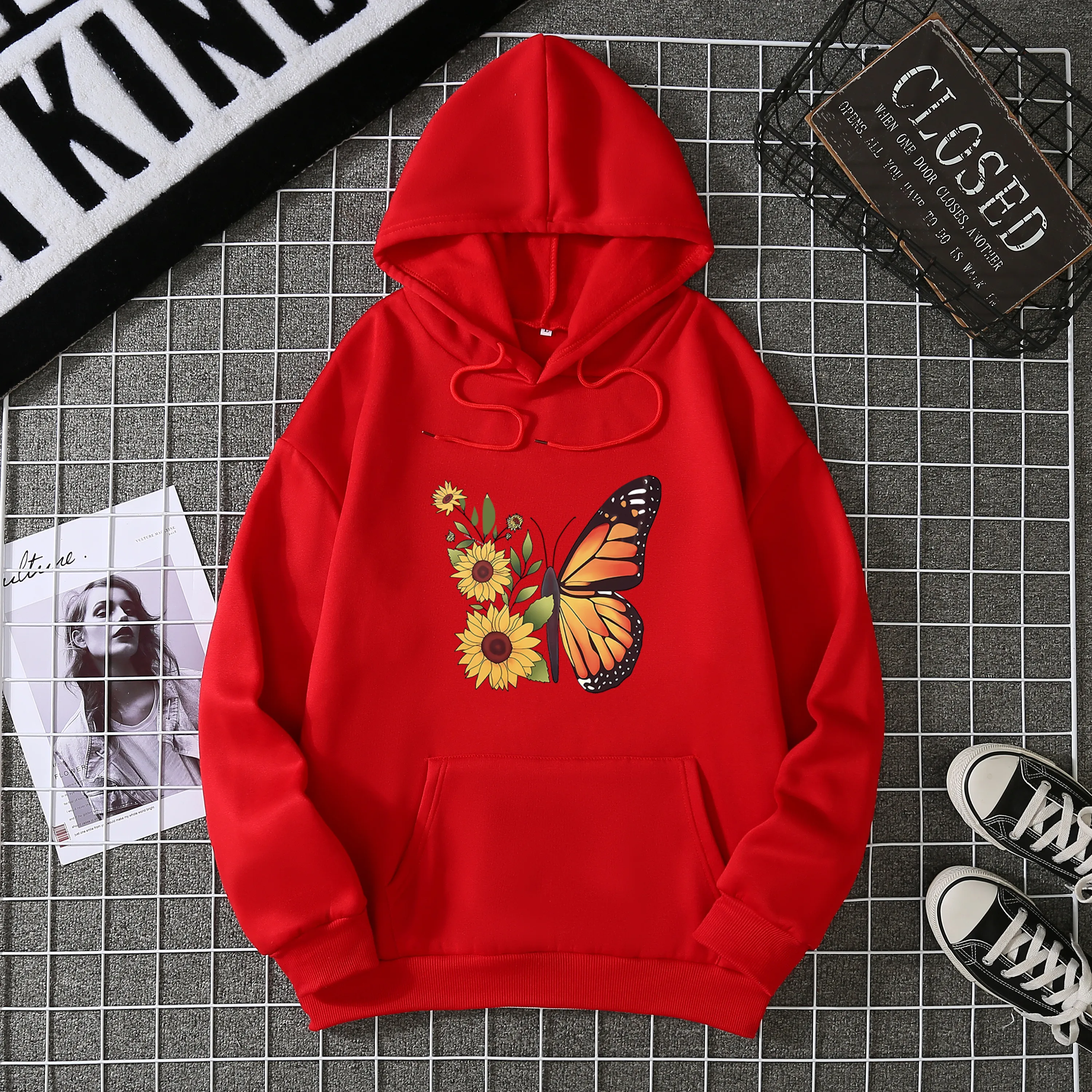 Butterfly Chrysanthemum Print Hooded Sweater Pure Cotton Loose Casual High Quality Retro Outfit Graphic Trend Hoodie Sweatshirt