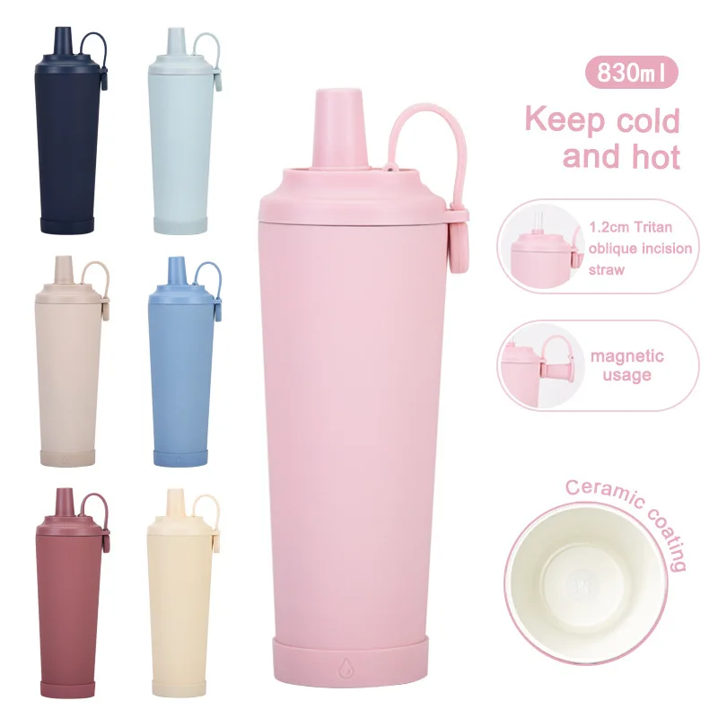 830ml Ceramic Coated Liner Insulated Water Cup Double-Layer Magnetic Handle Tumbler with Straight Straw Vacuum Tumbler Bottle