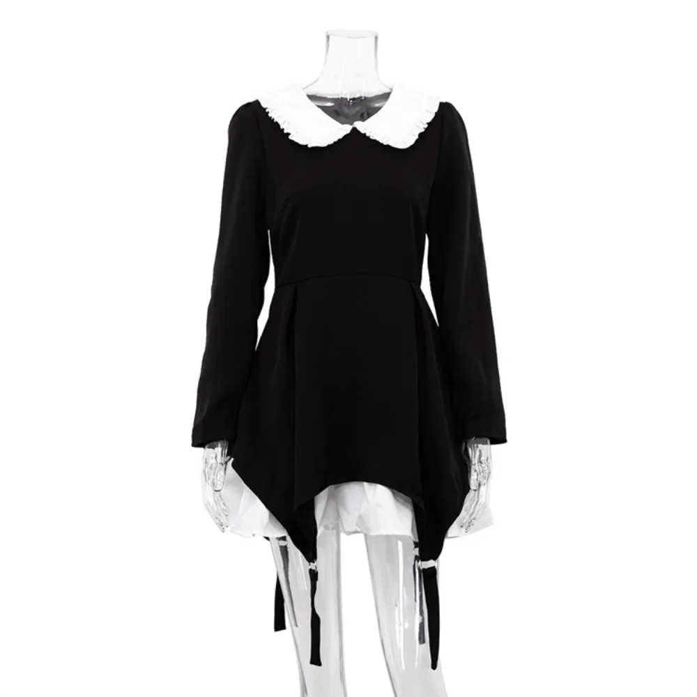 Women Dress Spring And Autumn High-end French Long-sleeved Doll Collar Design Sense Niche Fake Two-piece Stitching Black Dress