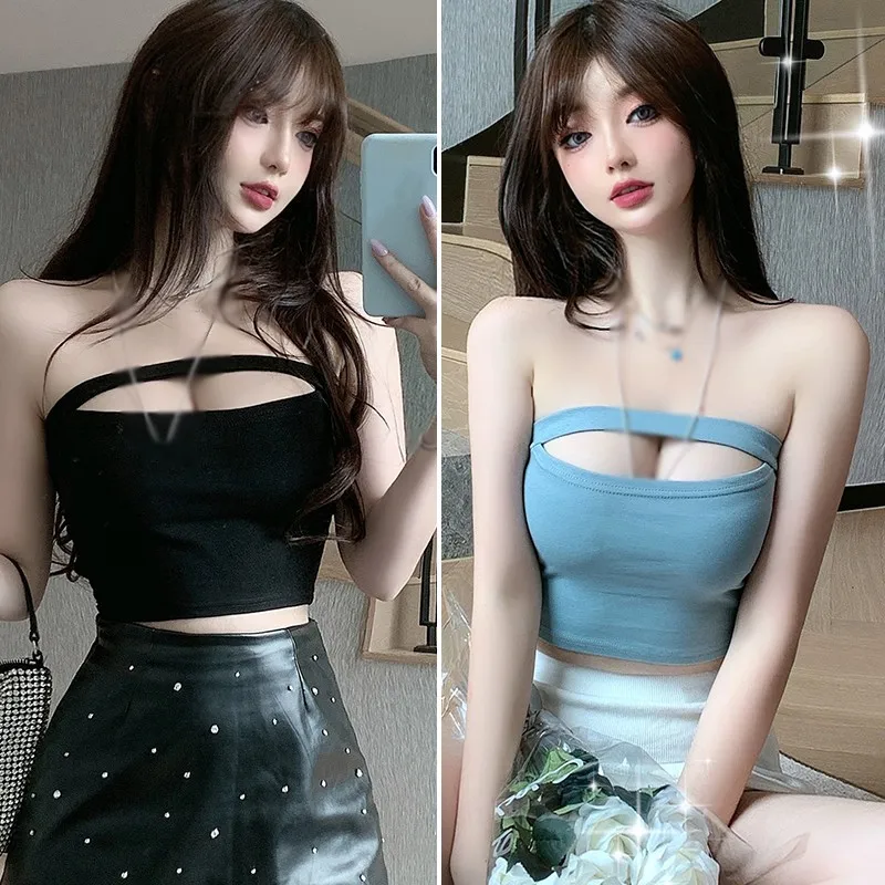 Summer Women's Sexy Cutout Tube Hollow Strapless Strapless Slim-Fit Short Cropped Top Korean Fashion Party Night Shop Wear