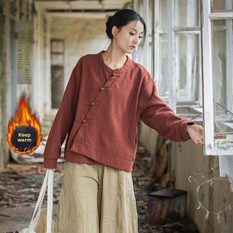 

Улучшенная женская теплая футболка с пуговицами из хлопка и льна, с длинным рукавом, приталенного кроя, в художественном стиле, модная женская футболка