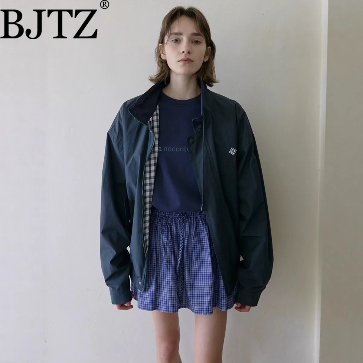 

BJTZ 2025 New Women's Reversible Vintage Cargo Jacket Spring Autumn Loose Fit Casual Coat 2 Sides Wear Oversized Military Style