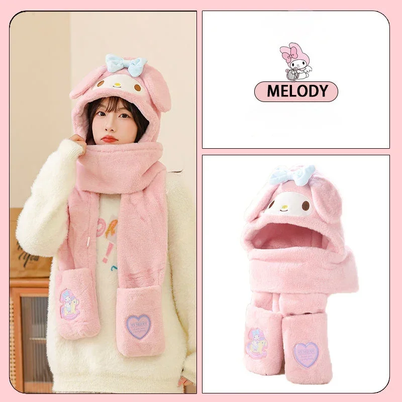 Hello Kitty Cute Student Cartoon Winter Warm Skin Friendly Soft Hat, Scarf, Gloves, One-piece Hat- Perfect Gift for All Ages