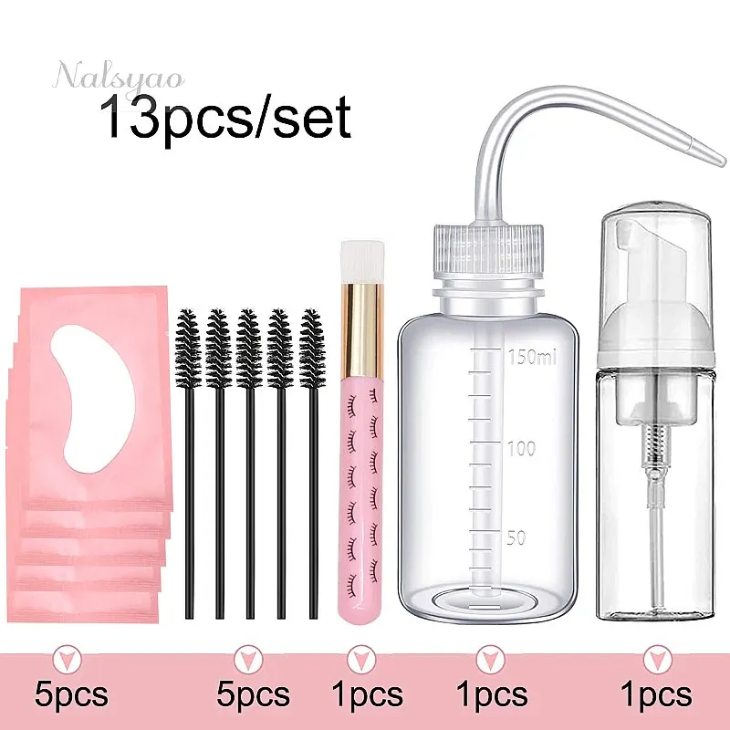 CNK 13Pcs Eyelash Extension Cleaning Kit Lash Shampoo Brush Foam Washing Bottle Eyebrow Brush Eye Pad Patches Tools