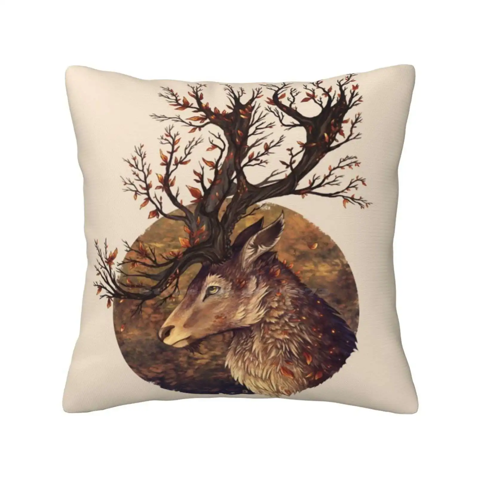 Autumn Embers Throw Cushion Pillow Cover Stag Autumnal Embers Deer Leaves Branches Bust Portrait Fantasy Realistic Animal Woods