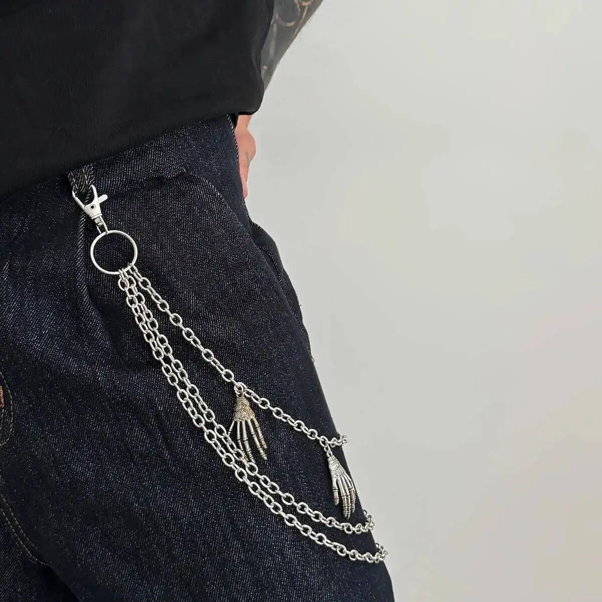 

IngeSight.Z Punk Hop Hip Silver Color Skeleton Hand Pendant Waist Chain Men Goth Jeans Waist Keychain Halloween Jewelry Gifts