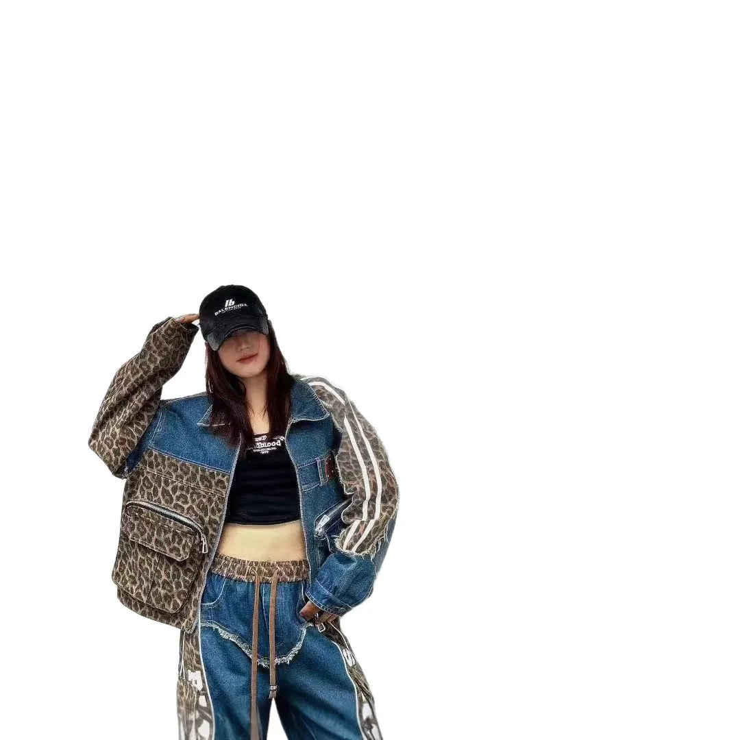 Veste en jean de Style européen pour femmes, imprimé léopard, Patchwork, grandes poches, manches AB, rayé, tendance, nouvelle collection printemps 2026