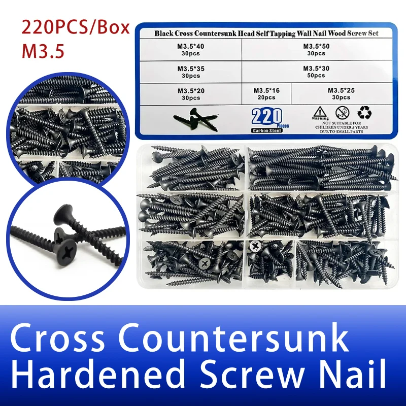 220pcs/Box Cross Countersunk Head Self Tapping Wood Screws Flat Head Screw Hardened Tip Drywall Screw Nail M3.5