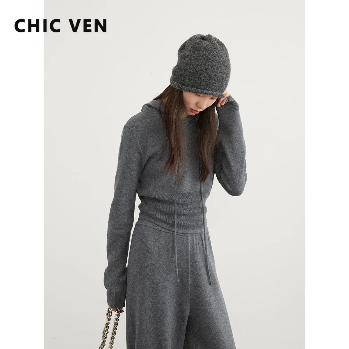 CHIC VEN Women Sweaters Loose Casual New Casual Hooded Knitwear Jumpers High Waist Wide Leg Pants Pullovers Autumn Winter 2023