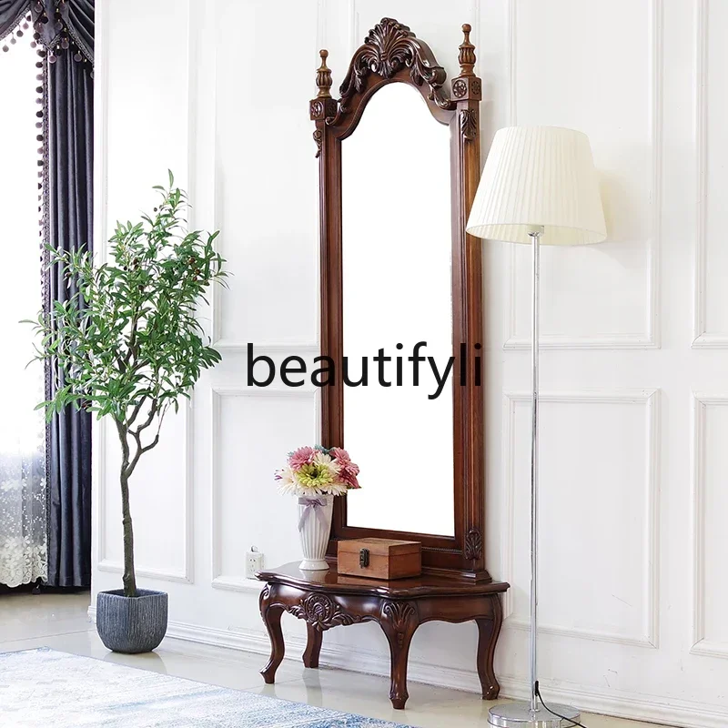 American full-length mirror household solid wood full body floor light luxury retro fitting mirror