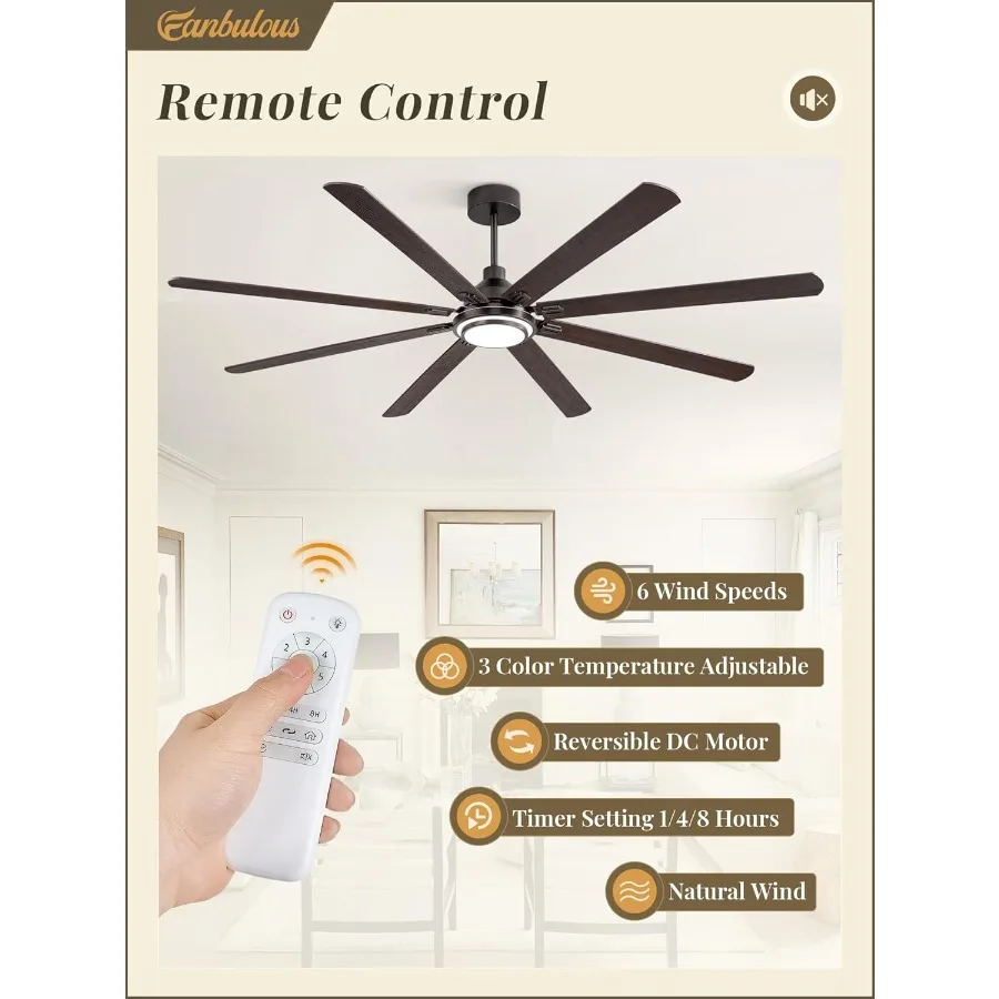 مراوح سقف مقاس 84 بوصة مع أضواء وجهاز تحكم عن بعد للاستخدام الداخلي والخارجي بلمسة نهائية برونزية زيتية مع 8 شفرات مزدوجة الألوان قابلة للعكس DC Moto