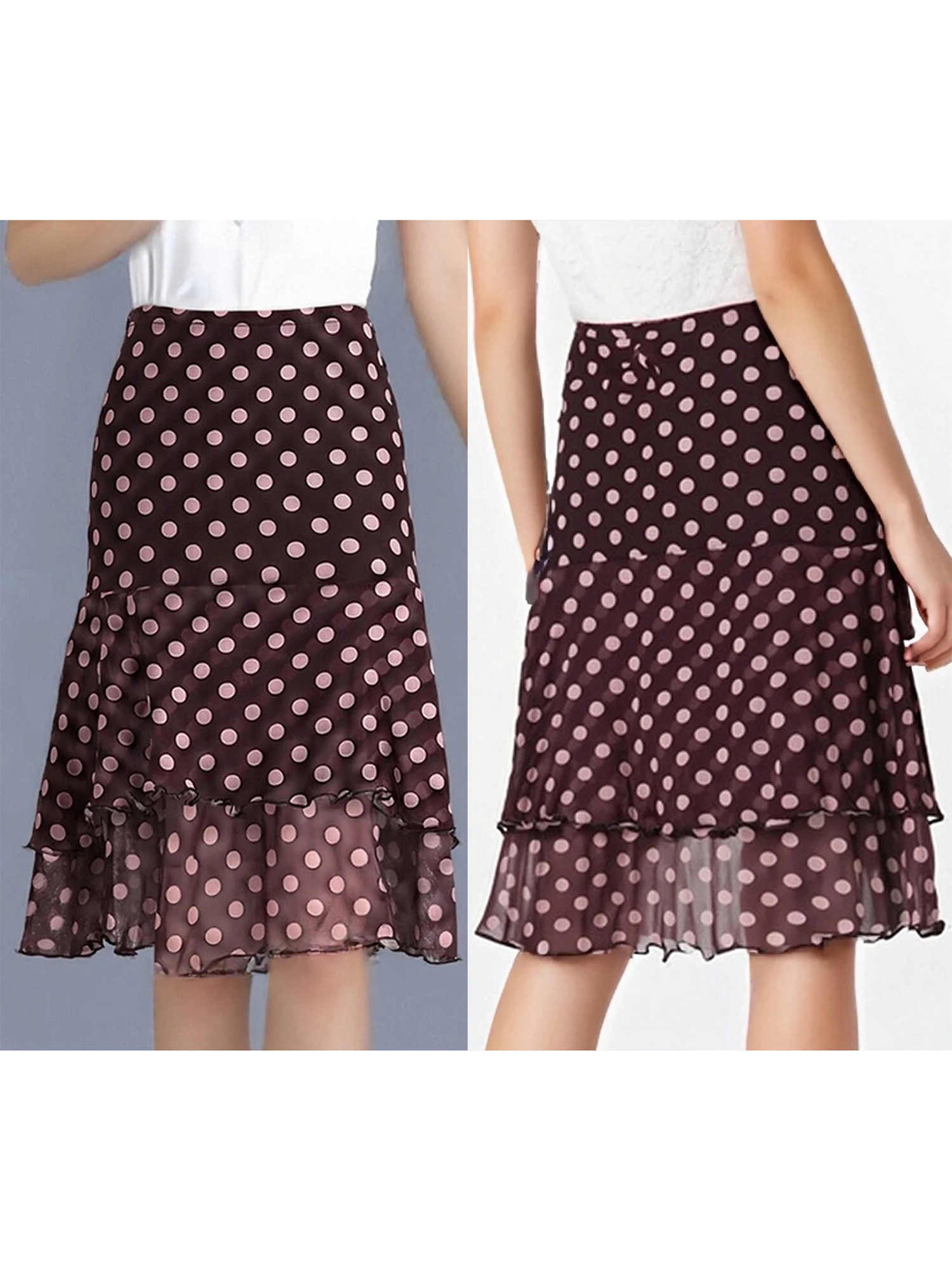 Women s Polka Dot Pleated Midi Skirt Stylish Tiered Ruffle Detail Loose Fit Knee-Length Skirt for Everyday Wear Office Vacation
