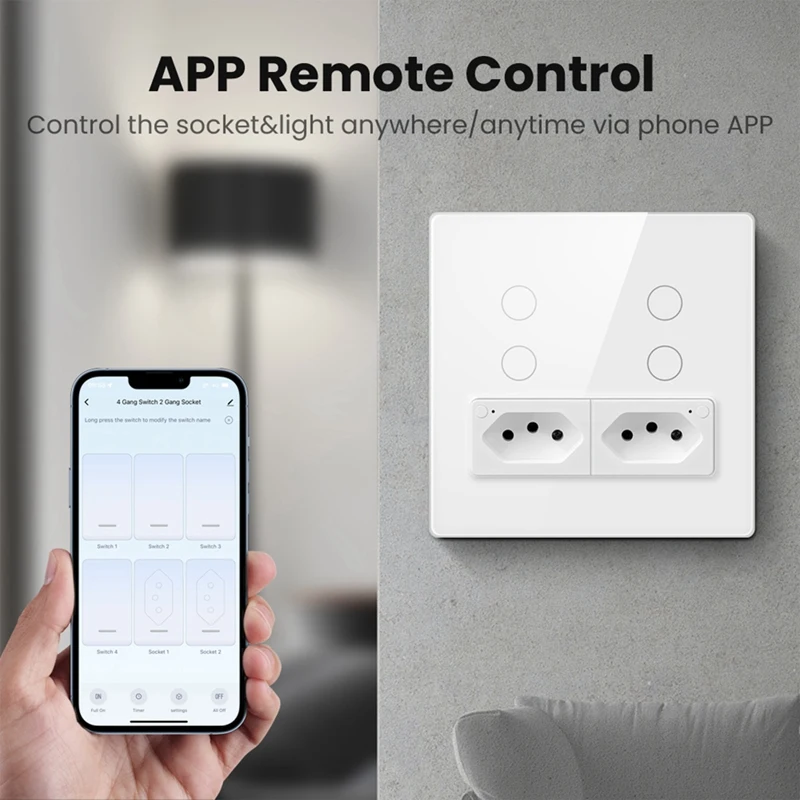 1 Piece Tuya Wifi Smart Brazil Wall Switch And Socket, Standard Panel 4 Buttons Switch For Alexa Google Home White