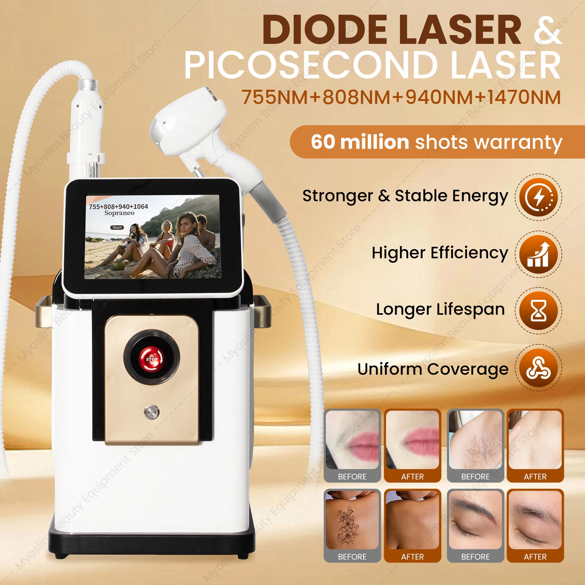 5000W 2in1  Diode Laser Hair Removal Machin Picosecond Lase Tattoo Washing Machine Ice Cooling Painless Permanent Hair