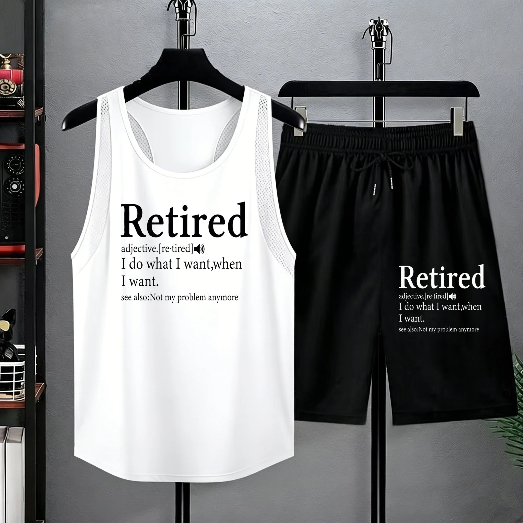 

Retired-I Do What I Want,When I Want Design Mens Summer Running Drawstring Sportpant Casual Comfy Tshirt Set Mesh Daily Tank Top