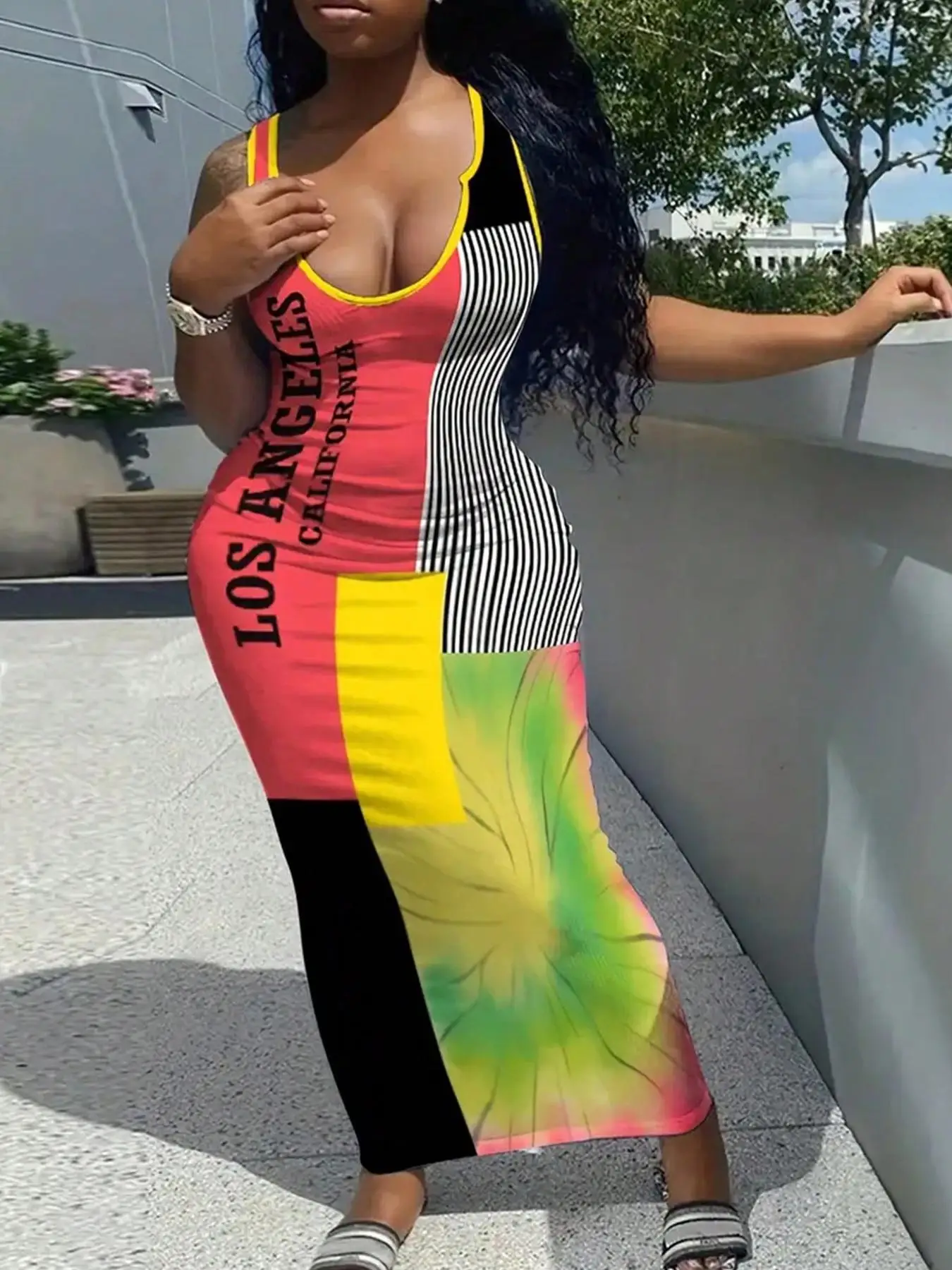 

【Plus Size】 Patchwork Print Cami Dress, Casual Sleeveless Dress for Daily Wear, Women's Plus Clothing for All Seasons