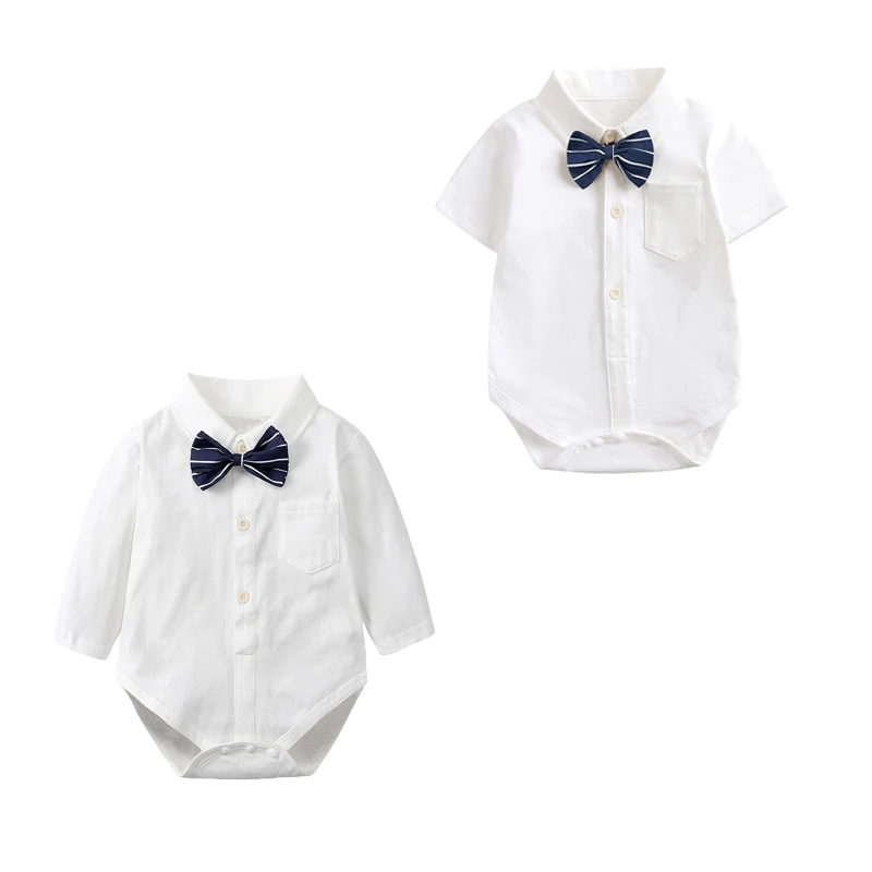 Baby Boys Clothes Infant White Long/Short Sleeve Shirt Lapel Bodysuits Detachable Bow Tie 0-24 Months Newborn Baby Blouses